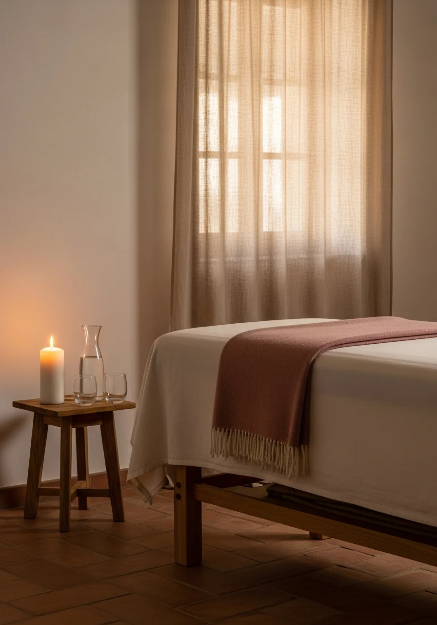 Vorbereiteter Reiki-Behandlungsraum mit Kerze, Karaffe und altrosa Decke